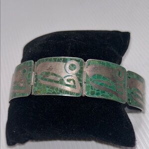 Vintage Sterling Silver Green Mosaic Inlay Link Bracelet Mexico Taxco Repair